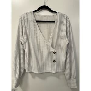 White Crochet Boxy Long Sleeve Cotton Blend Large V Neck Top